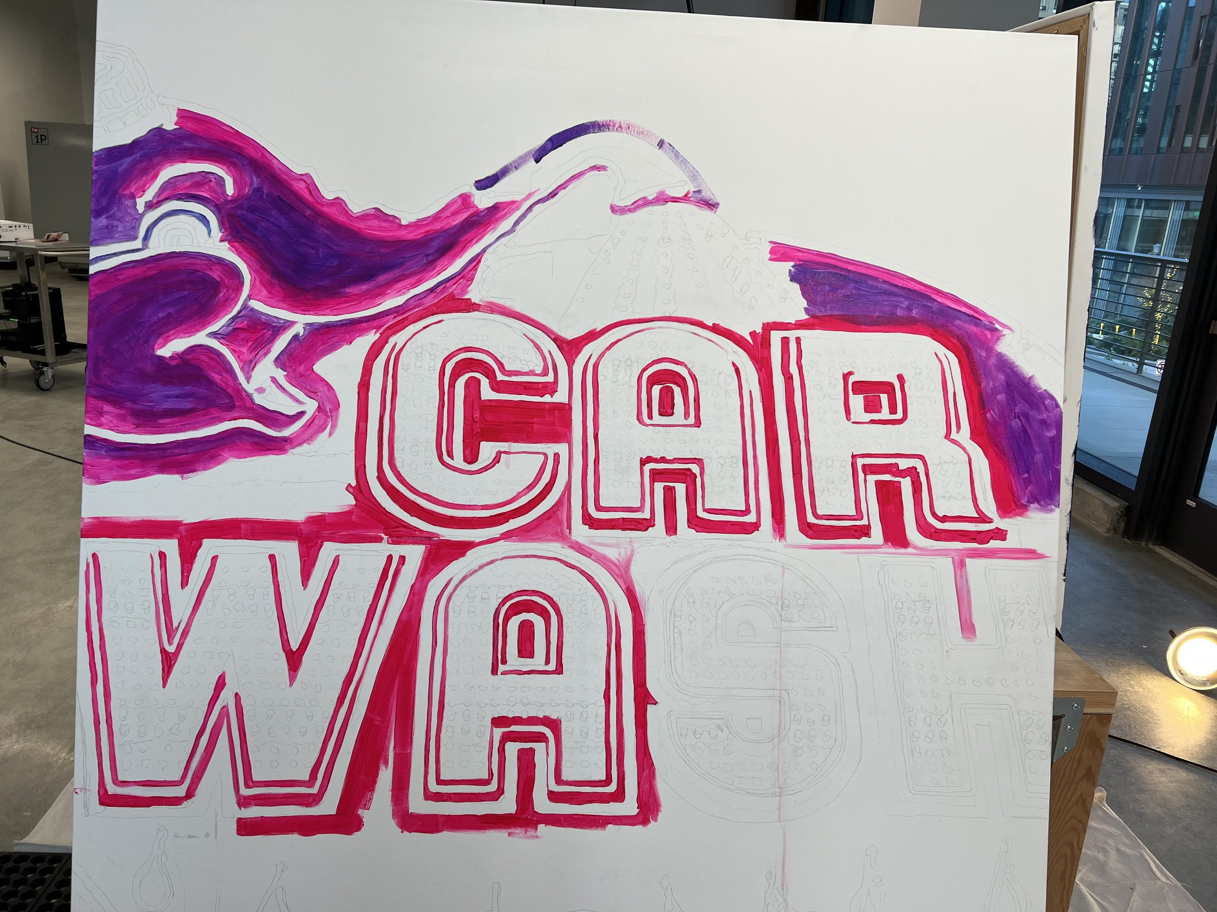 The full Pink Elephant Super Car Wash panel mid-process, against the studio's natural light.