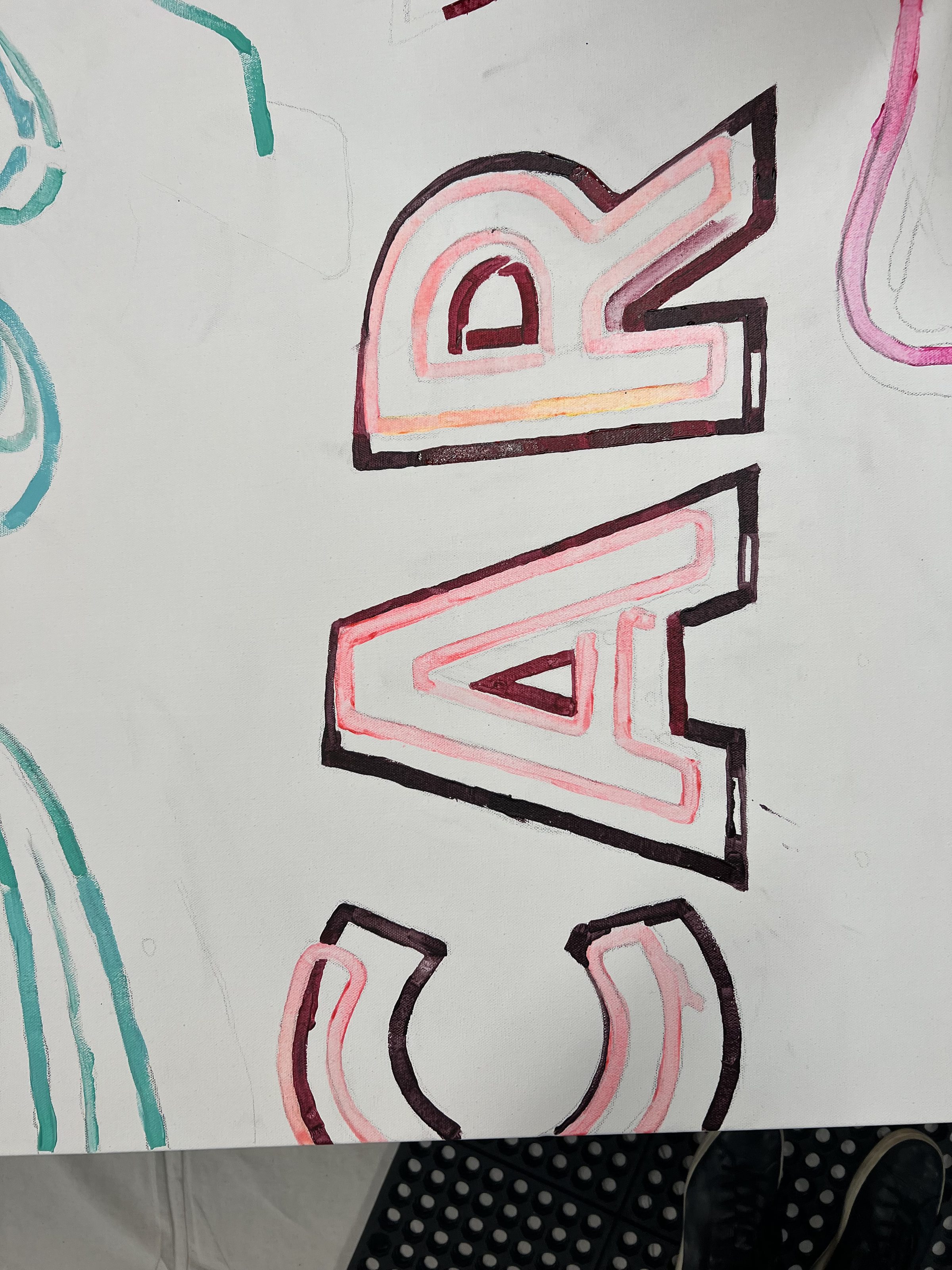 CAR WASH letterforms taking shape in pink and teal underdrawing.
