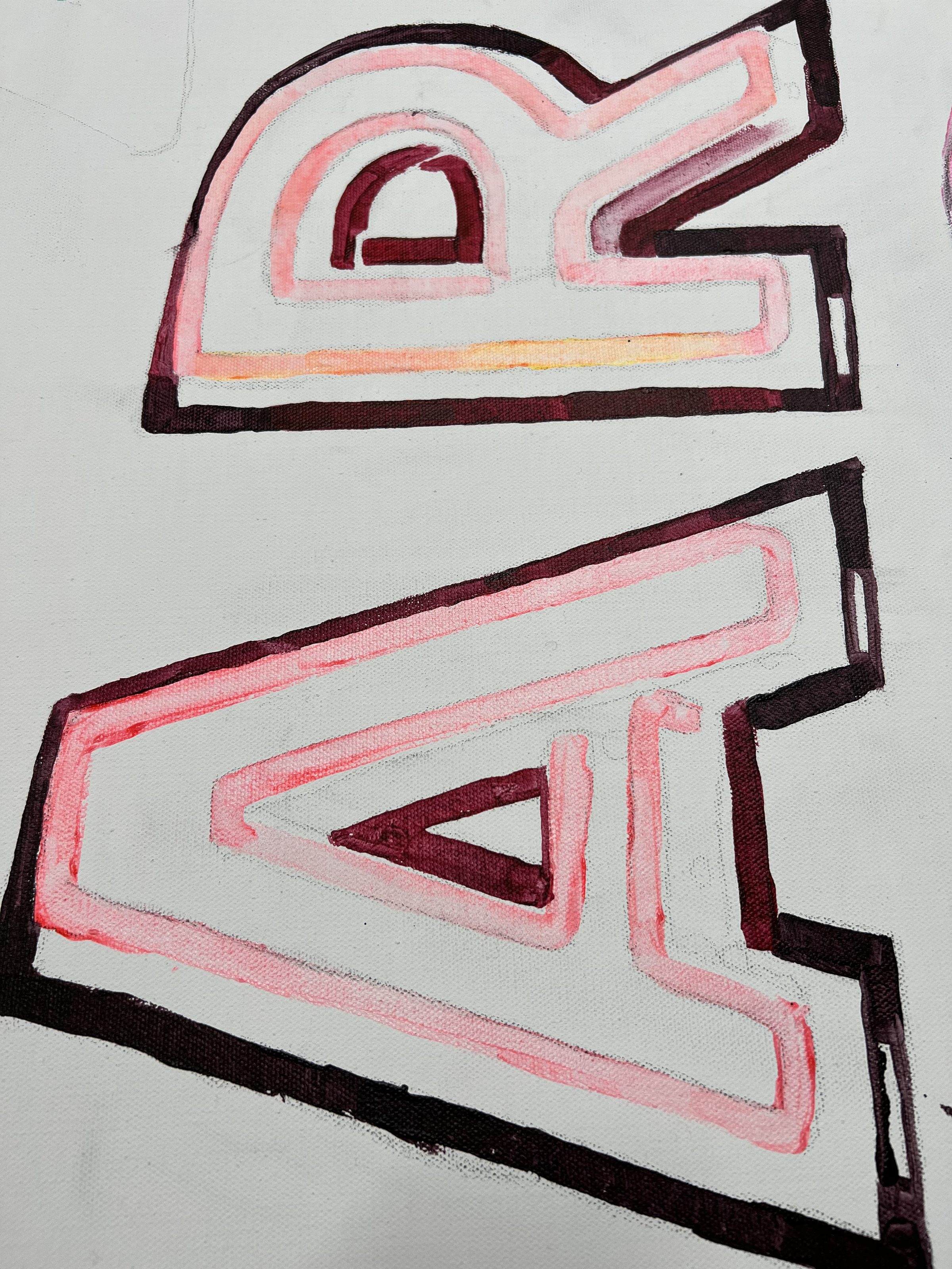 Extreme close-up of two painted letterforms — the false glow of neon, layer by layer.