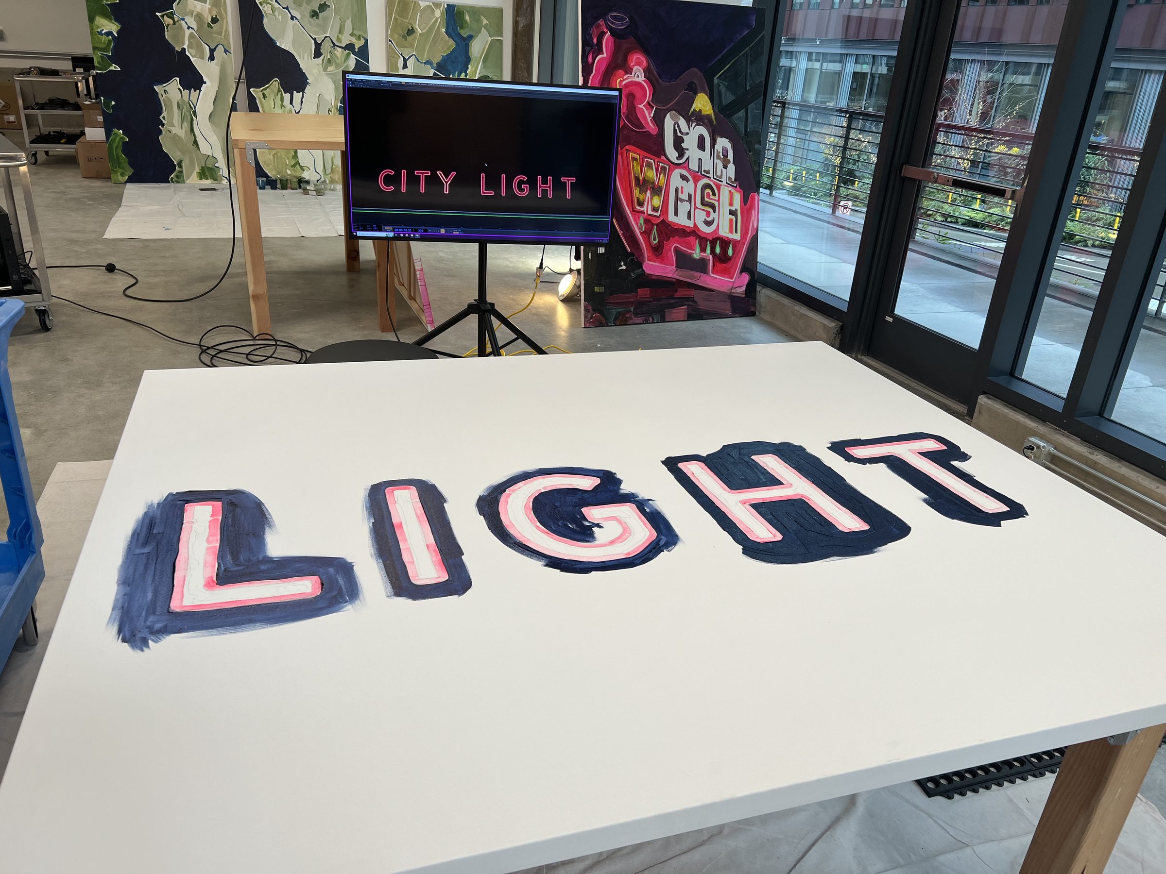 The LIGHT panel mid-process, neon-pink outlines on a navy ground.