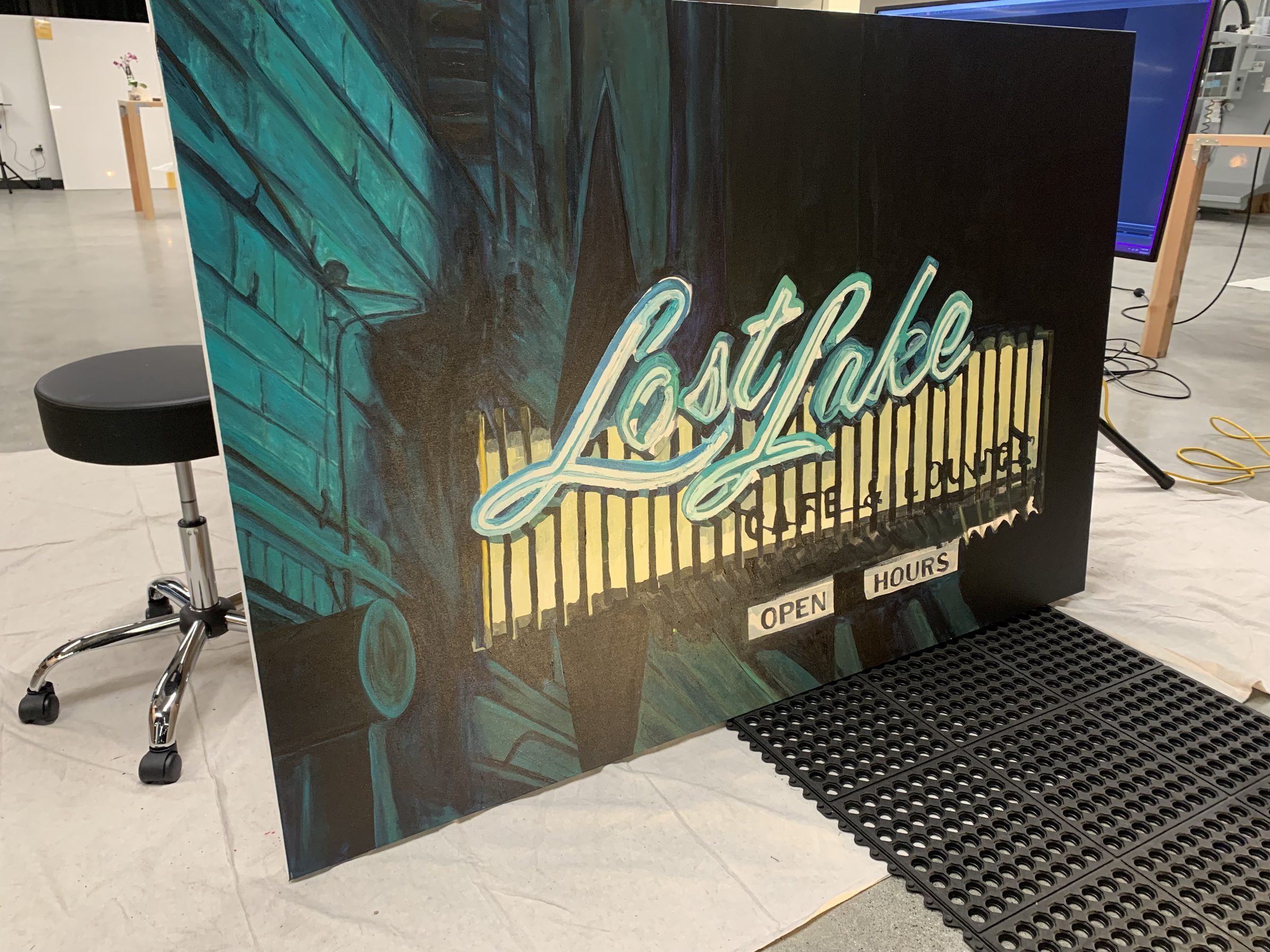 Lost Lake Cafe & Lounge painting — the Capitol Hill neon rendered in teal, gold, and cream.